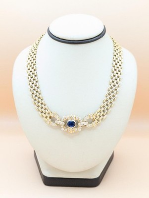 16'' 14K Solid Yellow Gold 60.48g Blue Saphire & Diamonds Necklace (D51121641)