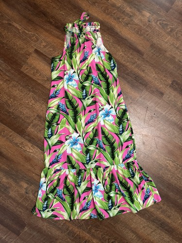 Tommy Bahama Halter Tropical Floral Pink Rayon Dress Size M Resort Maxi