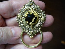 E-727 Black gold Czech 1940s glass Eyeglass Brass pin pendant ID badge holder