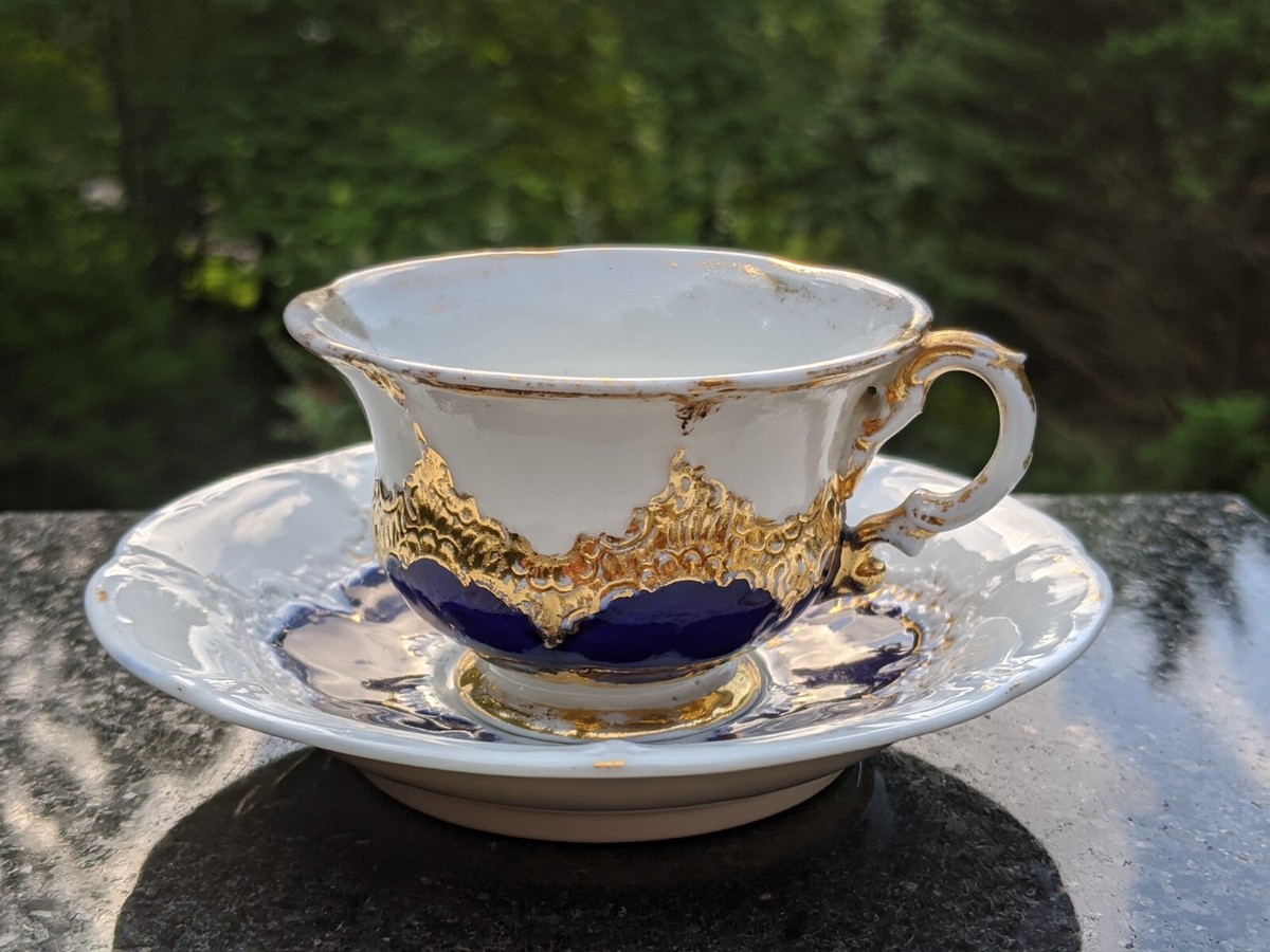 Vintage Meissen B Form Porcelain Teacup & Saucer Cobalt Blue