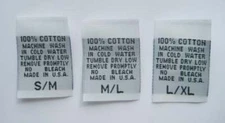 100 pcs WHITE WOVEN CLOTHING CARE LABEL- 100% COTTON MACHINE WASH - S/M M/L L/XL
