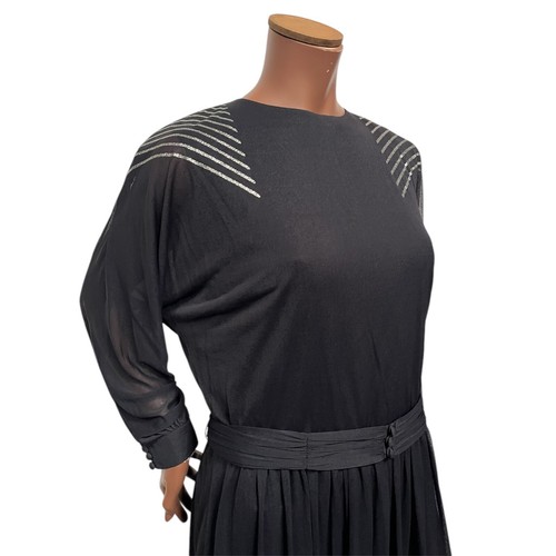 Robe Vintage Années 70 80 12-14 Noir Argent Rayé Midi Disco New Wave Ceinture - Picture 4 of 7