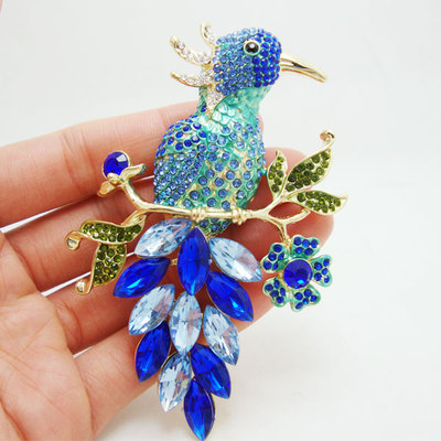 Art Nouveau Gold-Plate Parrot Bird Blue Rhinestone Crystal Brooch Pin