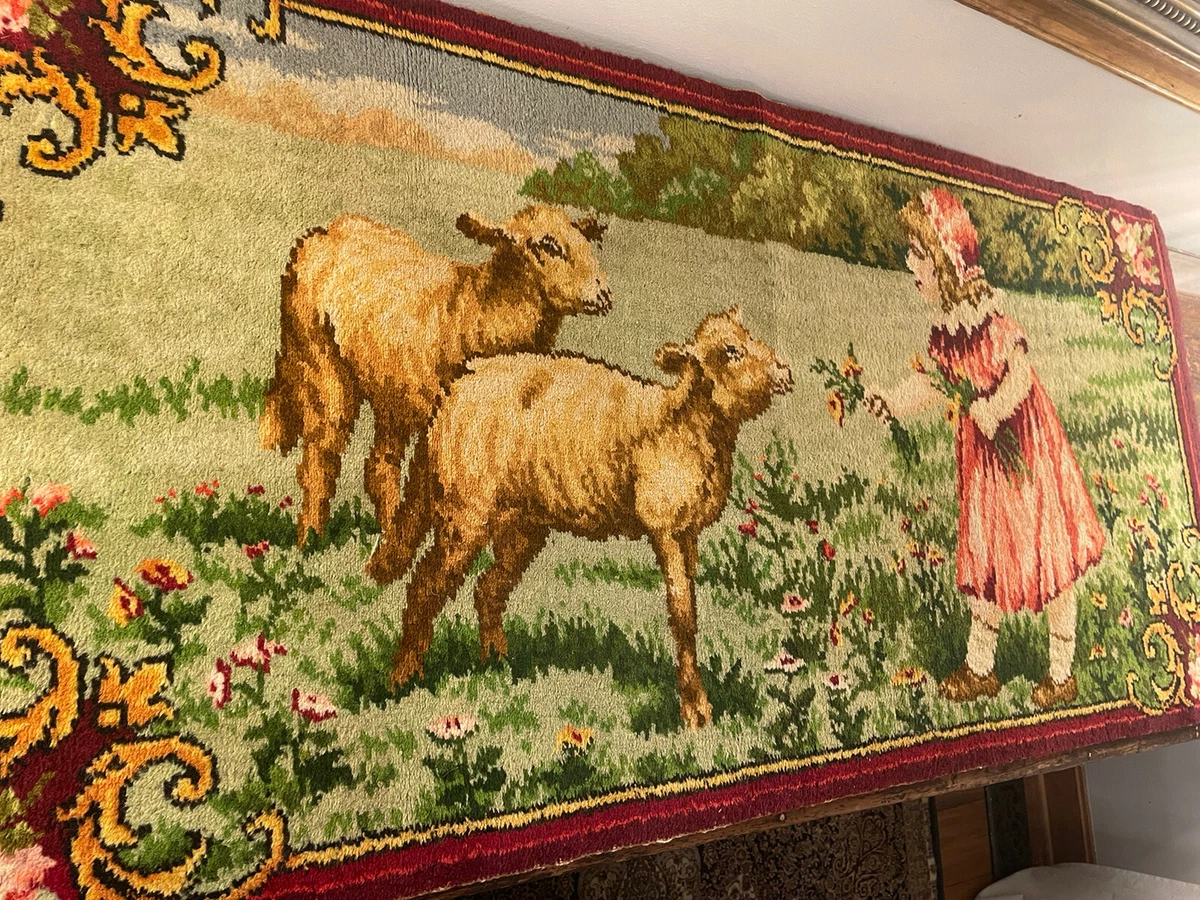 Vintage Rug Tapestry Wall Hanging Victorian Girl Feeding Sheep eBay