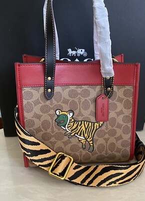 NEW COACH REXY TIGER LUNAR FIELD TOTE 22 SIG TAN / RED LEATHER