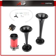 Train Air Horn Compressor Kit 12V 130DB Loud Car Truck Boat Dual Trumpet Black