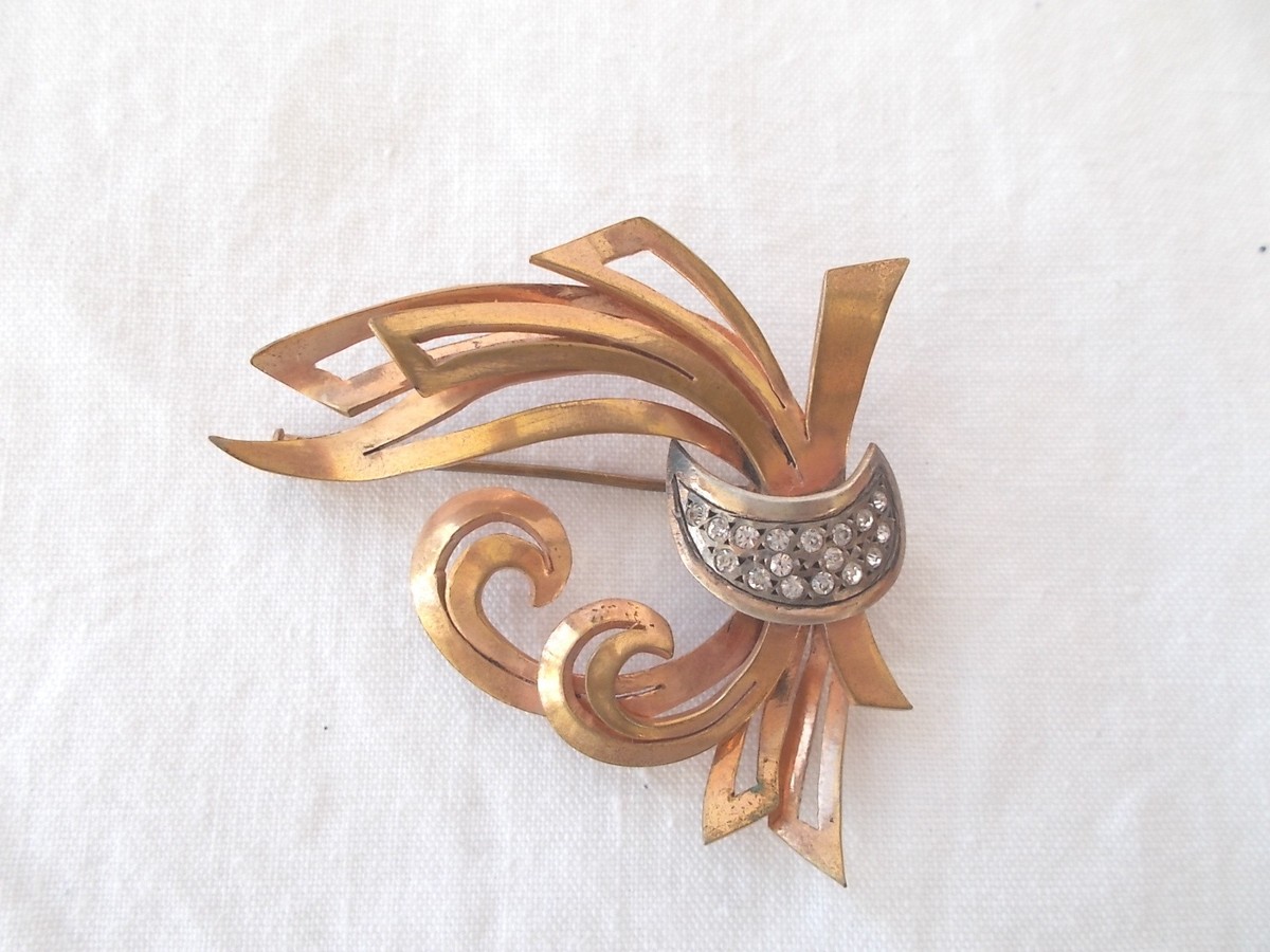 Broche Ancienne Fantaisie En Métal Avec Perles Et Strass - Bijou Vintage Pour Collection Ou Style Rétro