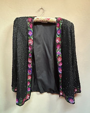 Vintage Laurence Kazar Jacket Beaded Sequin Silk Women Large Floral Black Lined