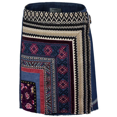 Desigual Jeansrock Minirock Lagenrock Patchwork Samtoptik mit floraler Stickerei