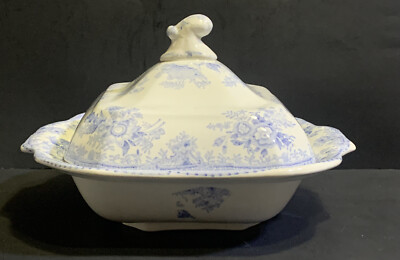 #ad FLOW BLUE 1800s FOLLY BOVEY TRACEY Pottery ASIATIC PHEASANTS Vegetable Dish LID $67.50