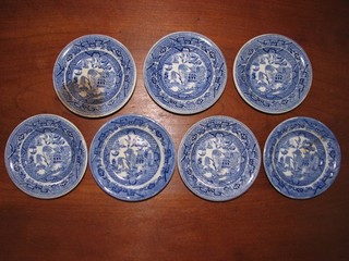 7 Vintage English Blue Willow Semi China Butter Pats 3.25" Diameter