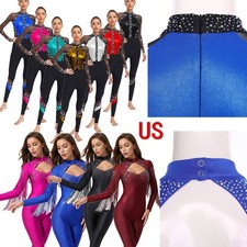 US Women Color Block Competition Leotard Ballet Leotard Rhinestones Bodysuit