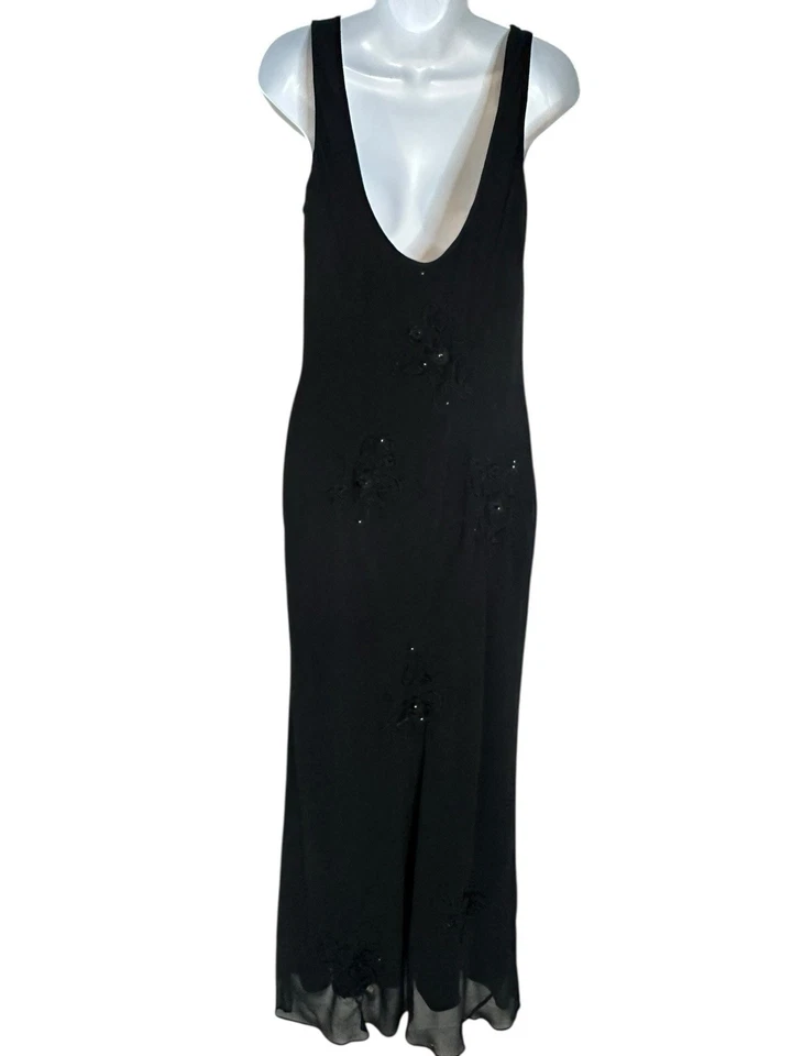 Vestido Adrianna Papell preto frisado floral aplique Y2K fada caprichoso 12 - Imagem 3 de 4