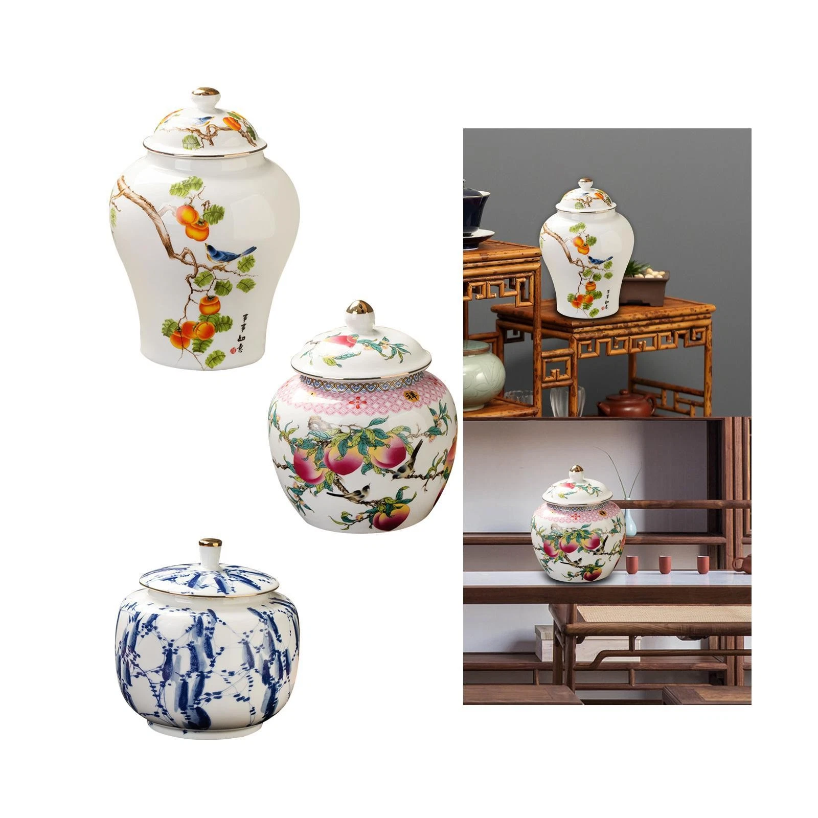 Ceramic Ginger Jar Porcelain Temple Jar Floral Arrangement with Lid Food Storage