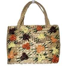 Handmade Woven Straw Tote Bag Raffia Floral Boho Tropical Beach Purse