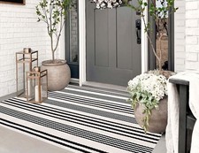 Black and White Outdoor Rug 3'x 5' Front Porch Rug Cotton Hand-Woven Striped ...