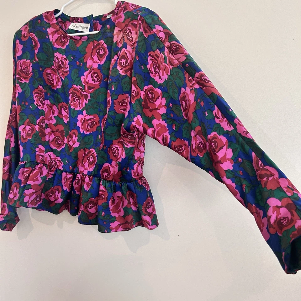 Винтажная шелковая блузка Albert Nipon размер 14 смелая с цветочным узором на пуговицах с оборками ДЕФЕКТ - Изображение 3 из 4