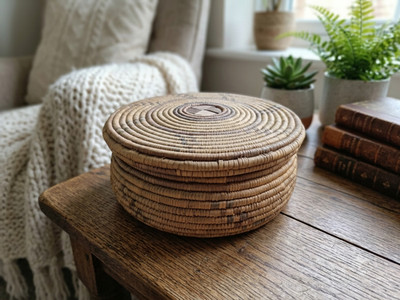 Vintage Handgewebt Aufgerollt Korb Deckel Aufbewahrung Schmuckkästchen Boho Natur Lila