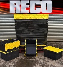 10 x BLACK/YELLOW  USED TOTE BOX / ATTACHED LID CONTAINER / CRATE 60x40x30cm VGC