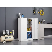 Multi-Use White Metal Folding Storage Cabinet Locking Doors & Adjustable Shelves