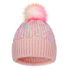 BAOPLAYKIDS Kids Knit Winter Hat with Pompom for 3-8 Years, Pink With Sequin