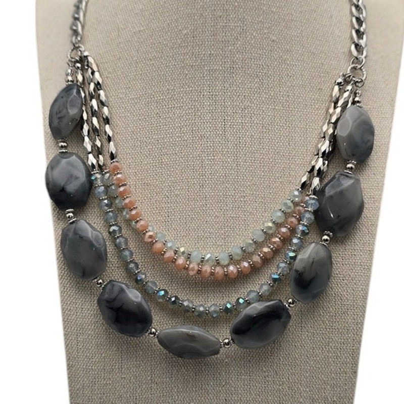 Multi-Layered Gray Beaded Statement Necklace with… - image 1