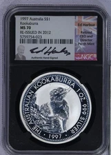 1997 Australia Kookaburra$1 NGC MS70 Re-issued in 2012 Signed by Ed Harbuz