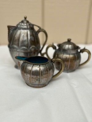 ANTIQUE 3 PIECE TEA SET SILVER/COPPER WITH TURQUOISE ENAMEL
