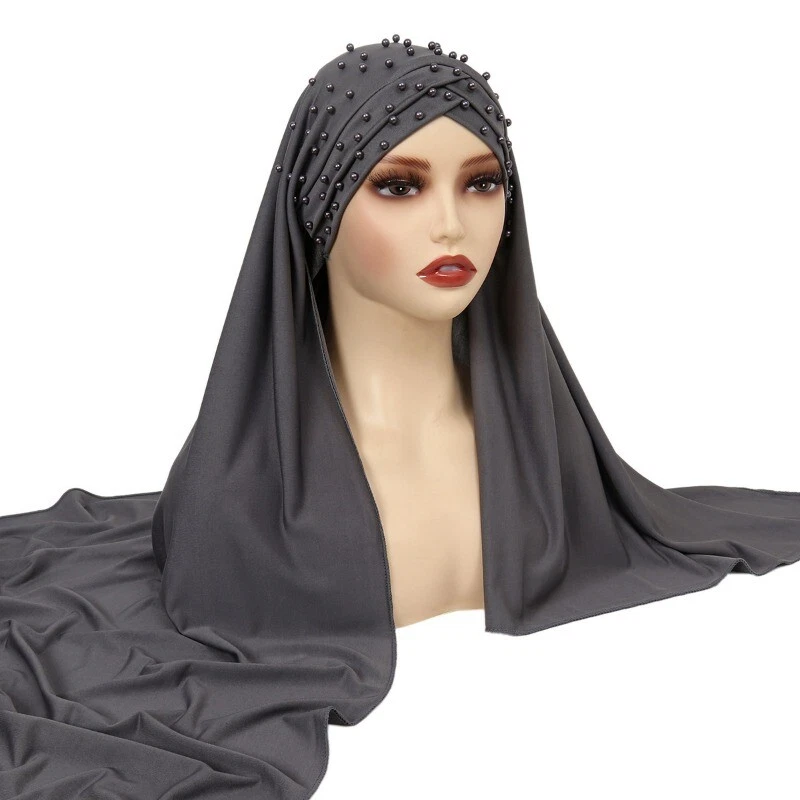 Femmes Hijab Châle Écharpe Perlé Musulmane Turban Chapeau Couleur Unie Cravate L - Photo 2/4