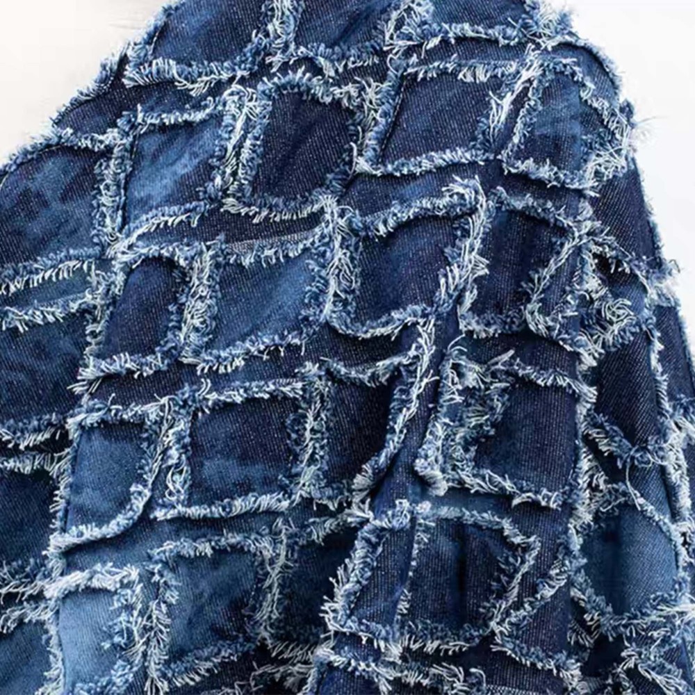 Distressed denim jacquard cotton fabric by the yard for creative projects