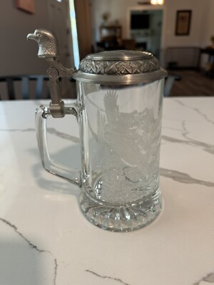 Domex Vintage Beer German Glass Stein 6.5 Etched Glass Soaring Eagle Pewter Lid