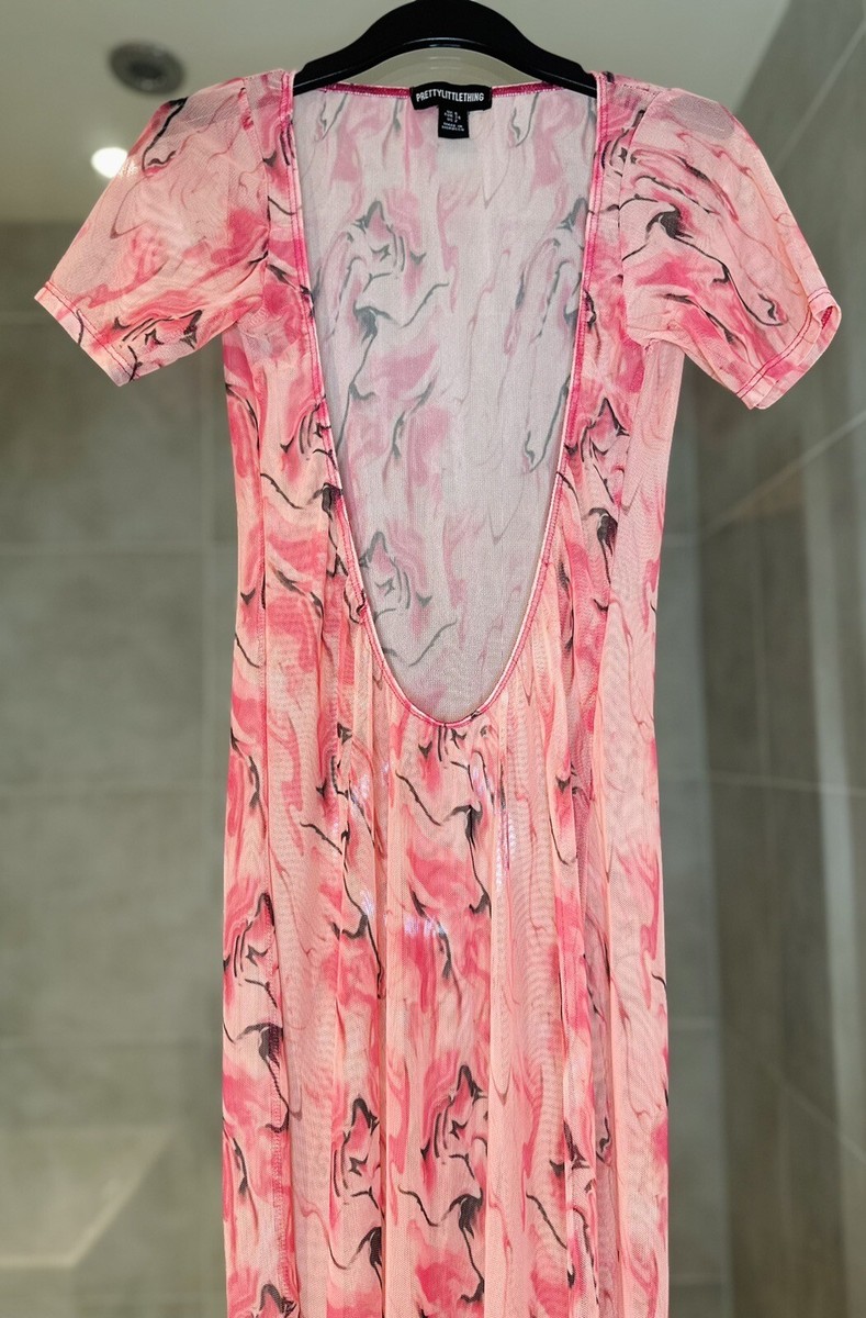 pink acid print short sleeve scoop mesh maxi dress PLT Pink Acid Print Short Sleeve Scoop Mesh Maxi Beach Dress Size 6 UK NWOT