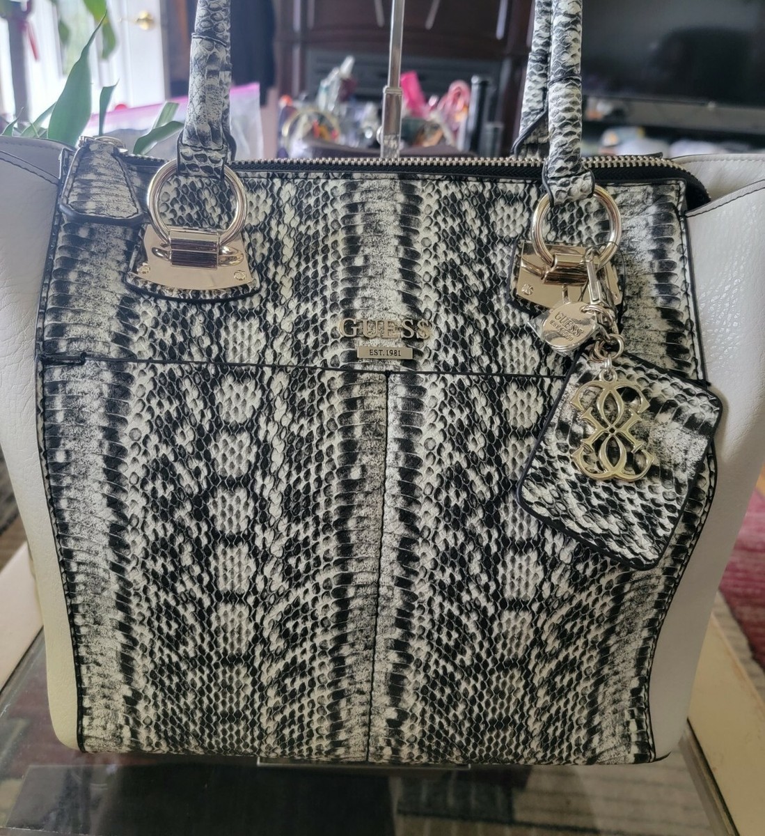 Guess Tote Bag Rare Design Black White Womens Shoulder Bag Purse