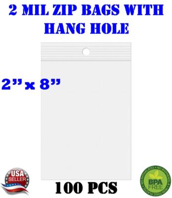 100 - 2'' x 8'' Zip Seal Reclosable 2Mil Plastic Top Lock Bags Hang Hole Jewelry