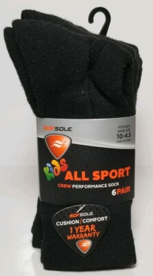 SOFSOLE KIDS ALL SPORT CREW PERFORMANCE SOCK 6 PAIRS FITS KID'S SHOE SIZE 10-4.5