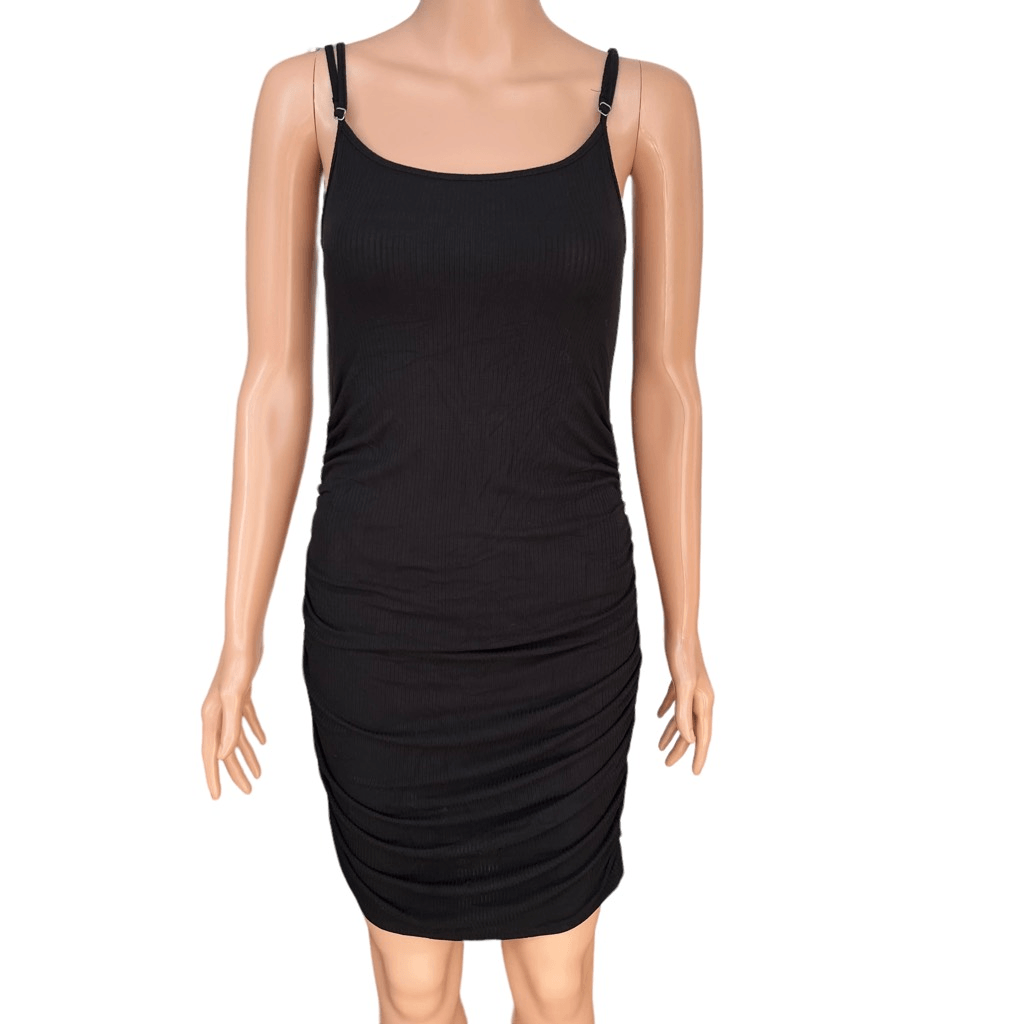 black ribbed ruched dress ASOS Design Ribbed Ruched Mini Dress in Black
