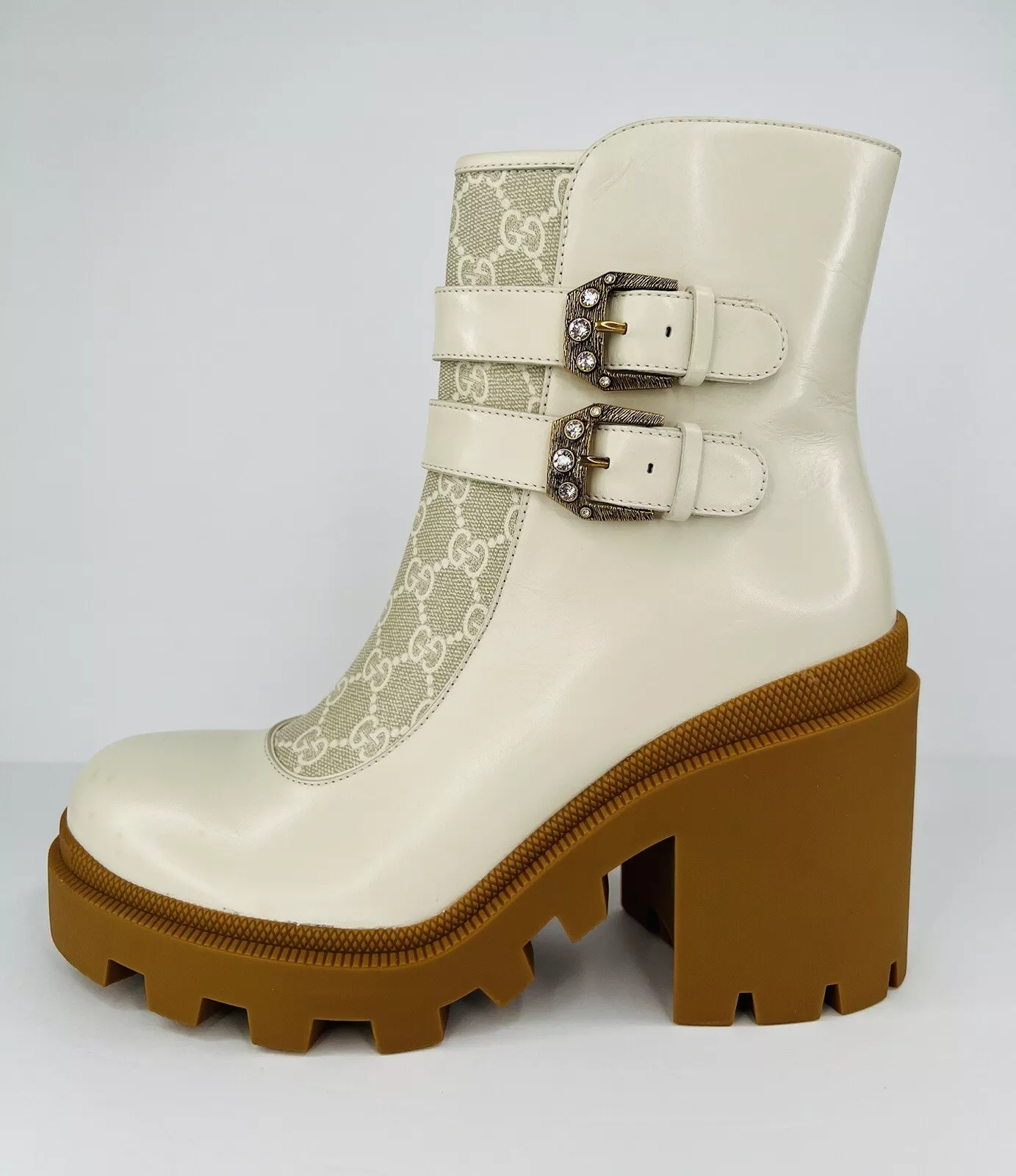 GUCCI Kensington GG Supreme Cuir Cristal Boucle Plateforme Bottes Cheville EU 41