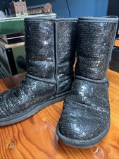 UGG Australia Classic Short Sparkles Black Sequin Sheepskin Lined Boots US 8