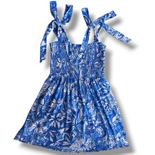 Lilly Pulitzer Sz. M Blue Tang Flocking Fabulous Floral Smock Tie Riviera Romper