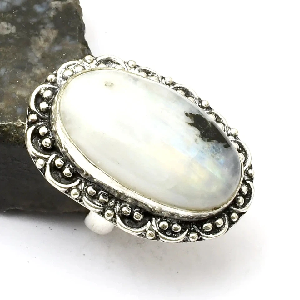 Regenbogen Mondstein Edelstein ethnischer handgefertigter Ring Schmuck Geschenk US-Größe 6 AR 33274