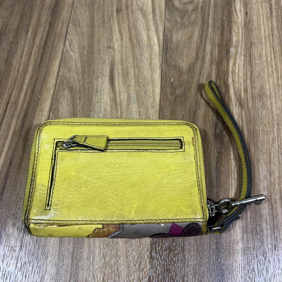 Fossil Wallet Wristlet Womens Yellow Leather Zip Around Floral Key Charm Boho - Image 4 of 4