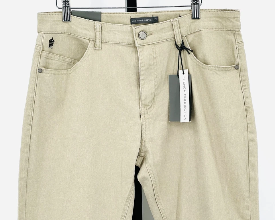 Pantalones de mezclilla para hombre FRENCH CONNECTION 34x32 beige piedra ajustados rectos 5 bolsillos nuevos con etiquetas Foto 2 de 4