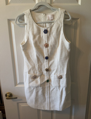 5a7 cinq à sept White Solid Tweed Button Sleeveless Round Neck Shift Dress 10