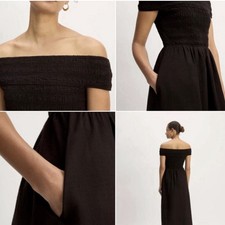 Everlane Smocked Off The Shoulder Dress, Organic Cotton, Black, Midi / Maxi, New