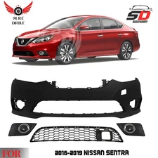 Front Bumper Cover Primed Plastic& Fog Lights Kit For 2016-2019 Nissan Sentra