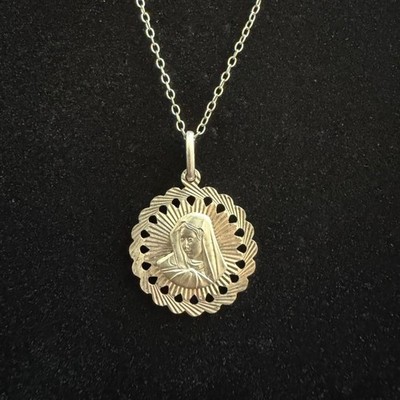 Sterlingsilber Jungfrau Maria Anhänger Halskette Italien gewellter Rand religiös 18 Zoll