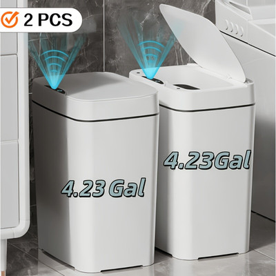 2pc 4.23gal Kitchen Toilet Bathroom  Automatic Garbage Can with Lid Touch Free