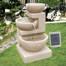 Solar water feature - 3 bowl cascade. Sandstone colour patio water feature.