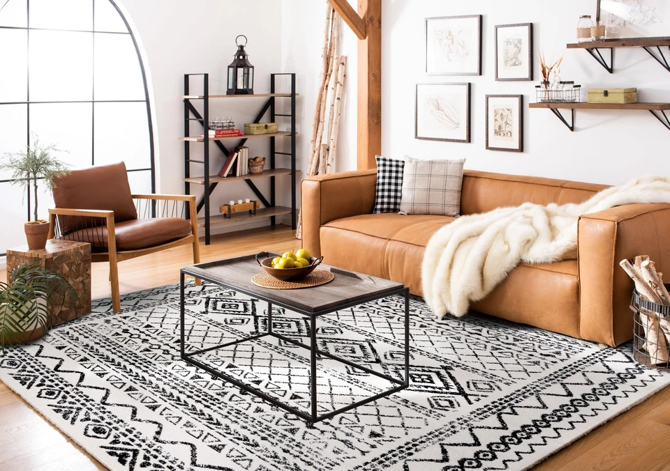 Небольшой ковер Tulum Collection - квадратный 10 футов, цвета слоновой кости и черного цвета, марокканский богемный бедственный... - Изображение 3 из 4