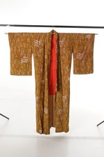 Vintage Japanese Handmade Golden Damask Silk Kimono Red Silk Lining